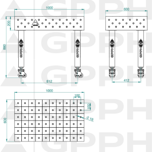 Stół Spawalniczy PLUS INOX Rozmiar - 1000x600mm, Siatka - 100x100mm, System - Φ16, Nogi - Na kołach - rysunek techniczny
