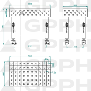 Stół Spawalniczy PLUS INOX Rozmiar - 1000x600mm, Siatka - 100x100mm, System - Φ28, Nogi - Na kołach - rysunek techniczny