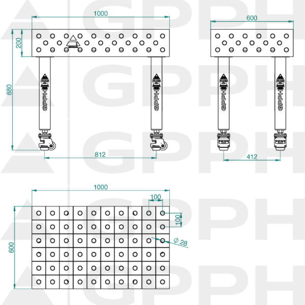 Stół Spawalniczy PLUS INOX Rozmiar - 1000x600mm, Siatka - 100x100mm, System - Φ28, Nogi - Na kołach - rysunek techniczny