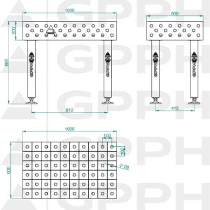 Stół Spawalniczy PLUS INOX Rozmiar - 1000x600mm, Siatka - 100x100mm, System - Φ28, Nogi - Na stopach - rysunek techniczny