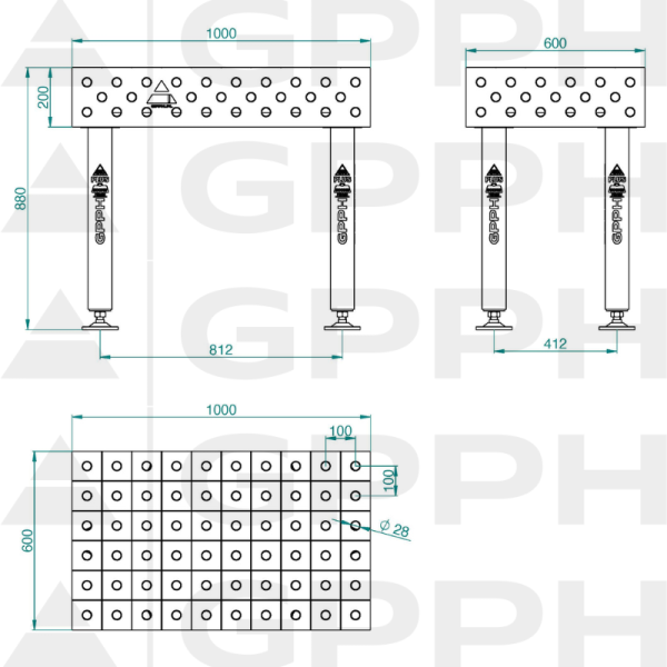 Stół Spawalniczy PLUS INOX Rozmiar - 1000x600mm, Siatka - 100x100mm, System - Φ28, Nogi - Na stopach - rysunek techniczny