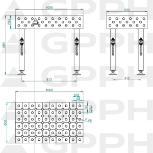 Stół Spawalniczy PLUS INOX Rozmiar - 1000x600mm, Siatka - DIAGONALNA, System - Φ28, Nogi - Na stopach - rysunek techniczny