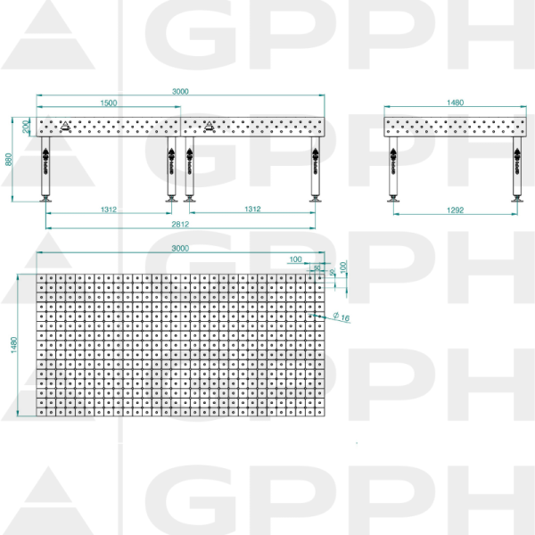 Stół Spawalniczy PLUS Rozmiar - 3000x1480mm, Siatka - DIAGONALNA, System - Φ16, Nogi - Na stopach - rysunek techniczny