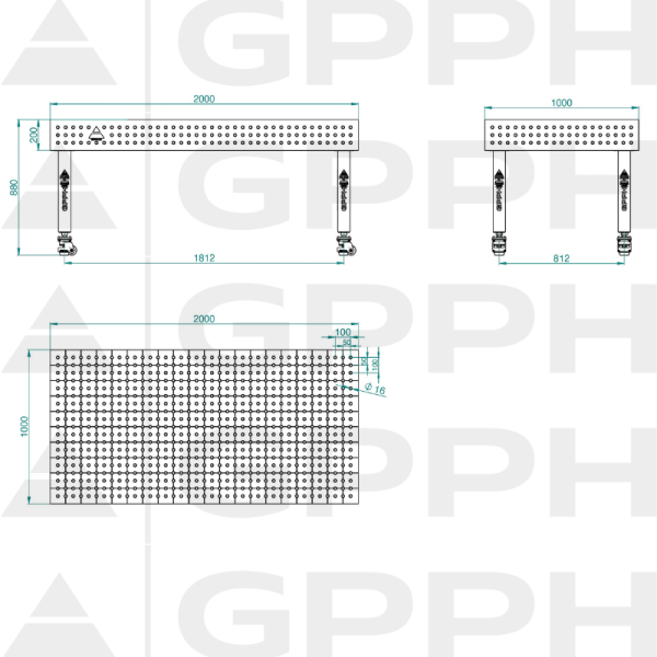 Stół Spawalniczy PLUS Rozmiar - 2000x1000mm, Siatka - 50x50mm, System - Φ16, Nogi - Na kołach - rysunek techniczny