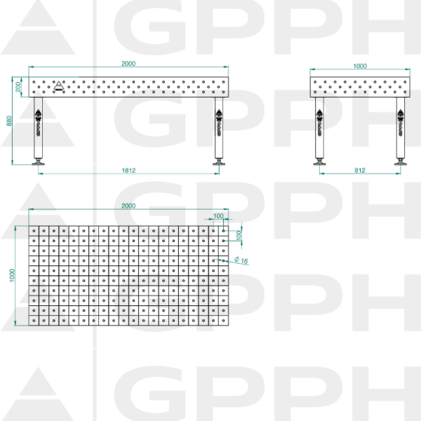 Stół Spawalniczy PLUS Rozmiar - 2000x1000mm, Siatka - 100x100mm, System - Φ16, Nogi - Na stopach - rysunek techniczny