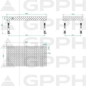 Stół Spawalniczy PLUS Rozmiar - 2000x1000mm, Siatka - 100x100mm, System - Φ28, Nogi - Na kołach - rysunek techniczny