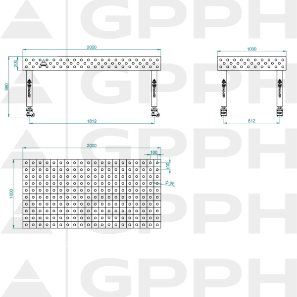 Stół Spawalniczy PLUS Rozmiar - 2000x1000mm, Siatka - 100x100mm, System - Φ28, Nogi - Na kołach - rysunek techniczny