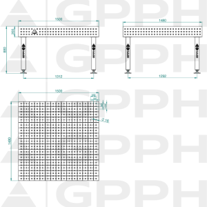 Stół Spawalniczy PLUS Rozmiar - 1500x1480mm, Siatka - 50x50mm, System - Φ16, Nogi - Na stopach - rysunek techniczny
