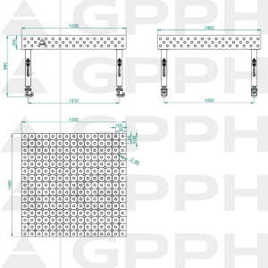 Stół Spawalniczy PLUS Rozmiar - 1500x1480mm, Siatka - DIAGONALNA, System - Φ28, Nogi - Na kołach - rysunek techniczny