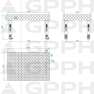 Stół Spawalniczy PLUS Rozmiar - 1500x1000mm, Siatka - 100x100mm, System - Φ28, Nogi - Na kołach - rysunek techniczny