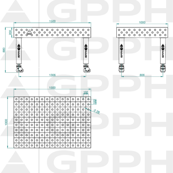 Stół Spawalniczy PLUS Rozmiar - 1500x1000mm, Siatka - 100x100mm, System - Φ28, Nogi - Na kołach - rysunek techniczny