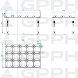 Stół Spawalniczy PLUS Rozmiar - 1500x1000mm, Siatka - DIAGONALNA, System - Φ16, Nogi - Na stopach - rysunek techniczny