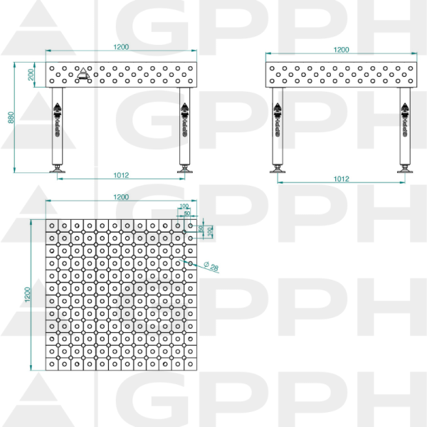Stół Spawalniczy PLUS Rozmiar - 1200x1200mm, Siatka - DIAGONALNA, System - Φ28, Nogi - Na stopach - rysunek techniczny