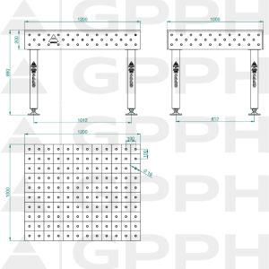 Stół Spawalniczy PLUS Rozmiar - 1200x1000mm, Siatka - 100x100mm, System - Φ16, Nogi - Na stopach - rysunek techniczny