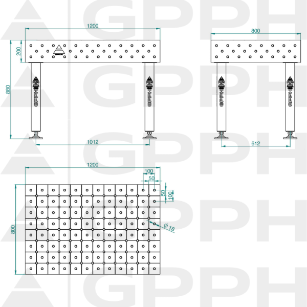 Stół Spawalniczy PLUS Rozmiar - 1200x800mm, Siatka - DIAGONALNA, System - Φ16, Nogi - Na stopach - rysunek techniczny