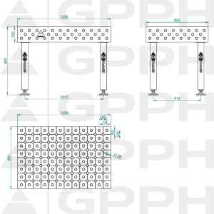 Stół Spawalniczy PLUS Rozmiar - 1200x800mm, Siatka - DIAGONALNA, System - Φ28, Nogi - Na stopach - rysunek techniczny