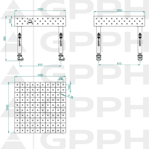 Stół Spawalniczy PLUS Rozmiar - 1000x1000mm, Siatka - 100x100mm, System - Φ16, Nogi - Na kołach - rysunek techniczny