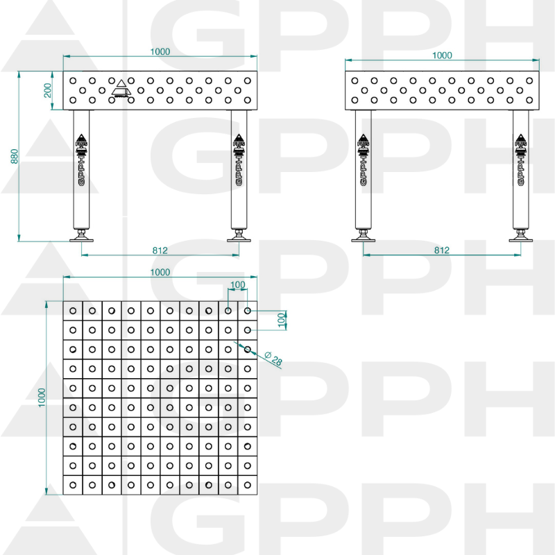 Masă de sudură PLUS Dimensiune - 1000x1000mm, Plasă - 100x100mm, Sistem - Φ28, Picioare - pe picioare - desen tehnic