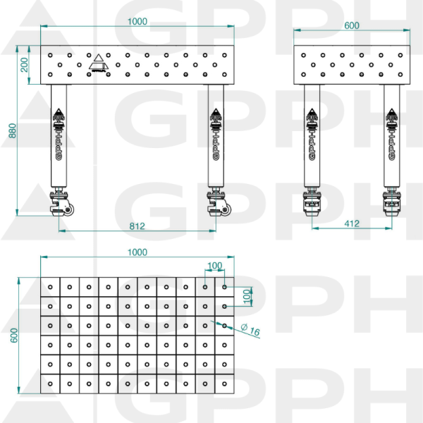 Stół Spawalniczy PLUS Rozmiar - 1000x600mm, Siatka - 100x100mm, System - Φ16, Nogi - Na kołach - rysunek techniczny