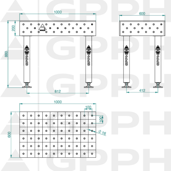 Stół Spawalniczy PLUS Rozmiar - 1000x600mm, Siatka - 100x100mm, System - Φ16, Nogi - Na stopach - rysunek techniczny