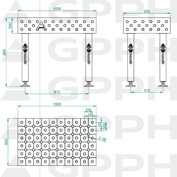 Stół Spawalniczy PLUS Rozmiar - 1000x600mm, Siatka - DIAGONALNA, System - Φ28, Nogi - Na stopach - rysunek techniczny