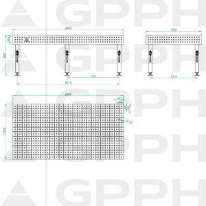 Stół Spawalniczy PLUS Rozmiar - 2400x1200mm, Siatka - 50x50mm, System - Φ16, Nogi - Na stopach - rysunek techniczny