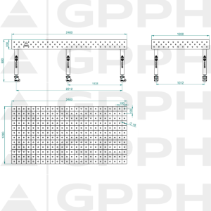 Stół Spawalniczy PLUS Rozmiar - 2400x1200mm, Siatka - 100x100mm, System - Φ16, Nogi - Na kołach - rysunek techniczny