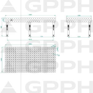 Stół Spawalniczy PLUS Rozmiar - 2400x1200mm, Siatka - 100x100mm, System - Φ16, Nogi - Na stopach - rysunek techniczny