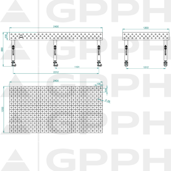 Stół Spawalniczy PLUS Rozmiar - 2400x1200mm, Siatka - 100x100mm, System - Φ28, Nogi - Na kołach - rysunek techniczny