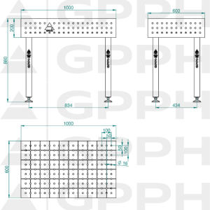 Stół ECO 1000x600 mm fi16 50x50 stopy Rysunek techniczny