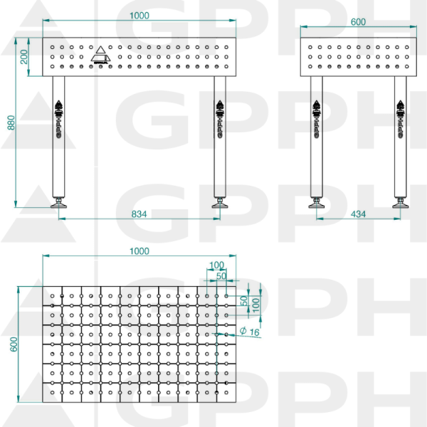Stół ECO 1000x600 mm fi16 50x50 stopy Rysunek techniczny