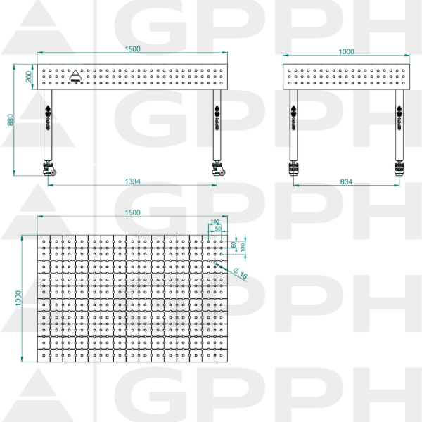 ECO table 1500x1000 mm fi16 50x50 wheels Technical drawing