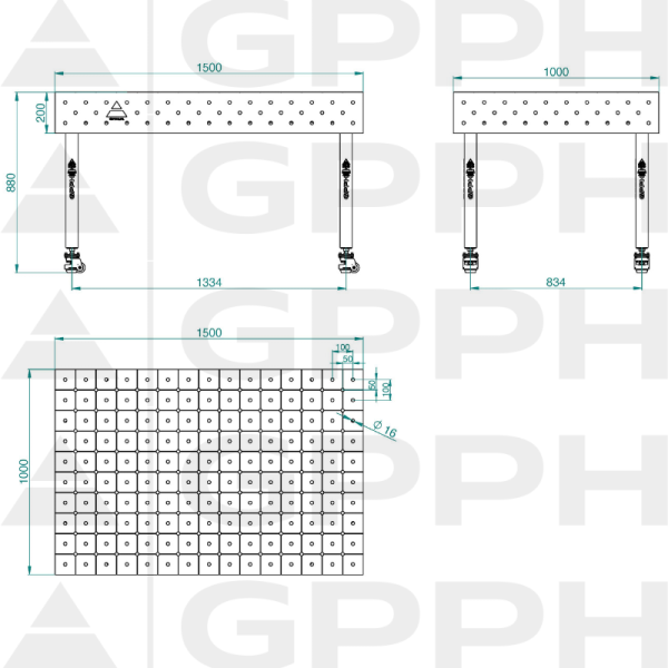 ECO table 1500x1000 mm, fi16 diagonal wheels Technical drawing