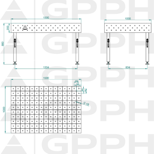 ECO table 1500x1000 mm, fi16 diagonal feet Technical drawing