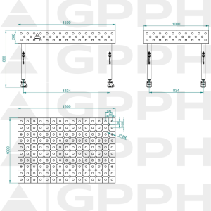 ECO table 1500x1000 mm, fi28 diagonal wheels Technical drawing