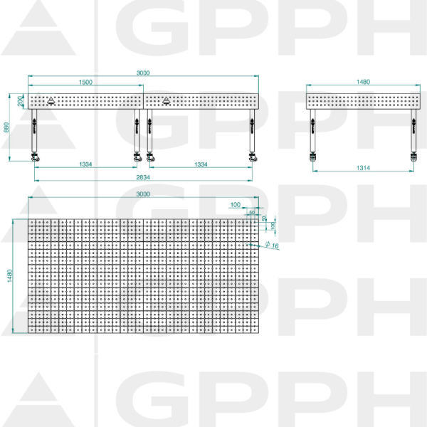 Stół ECO 3000x1480 mm fi16 50x50 koła Rysunek techniczny
