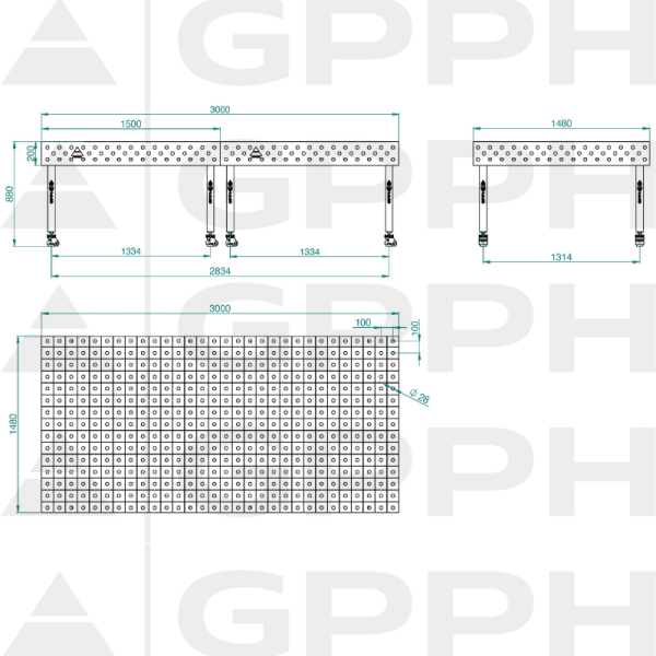 Stół ECO 3000x1480 mm fi28 100x100 koła Rysunek techniczny