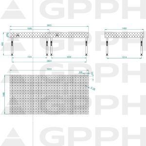 Stół ECO 3000x1480 mm fi28 100x100 stopy Rysunek techniczny