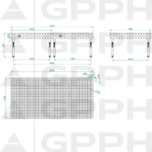 Stół ECO 3000x1480 mm fi28 diagonalna stopy Rysunek techniczny