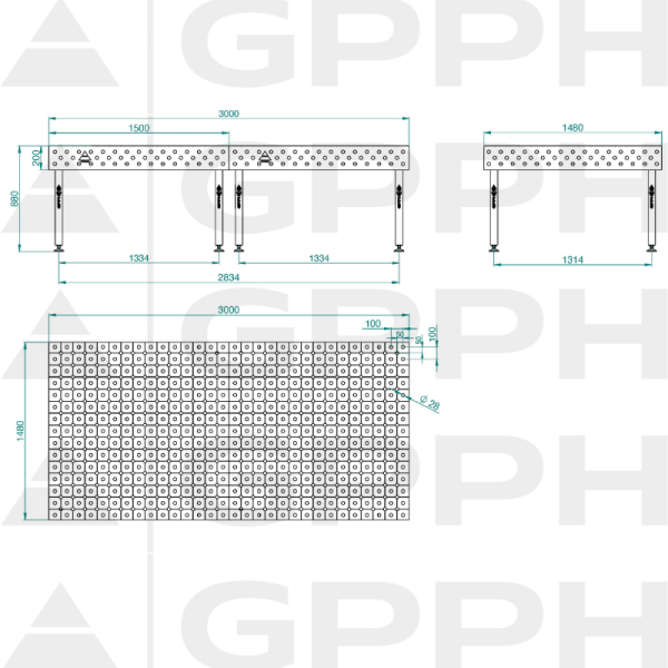 Stół ECO 3000x1480 mm fi28 diagonalna stopy Rysunek techniczny