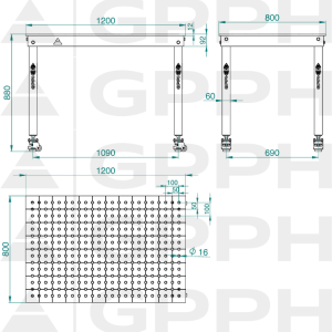 Rysunek techniczny Stół BASIC 1200x800 mm fi16 50x50 koła