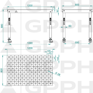 Rysunek techniczny Stół BASIC 1200x800 mm fi28 100x100 koła