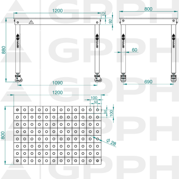 Rysunek techniczny Stół BASIC 1200x800 mm fi28 100x100 koła