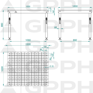 Rysunek techniczny Stół BASIC 1200x1000 mm fi16 50x50 stopy