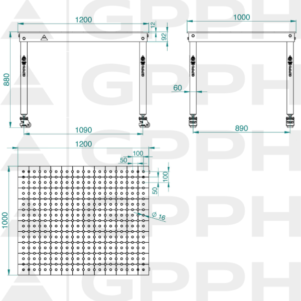 Rysunek techniczny Stół BASIC 1200x1000 mm fi16 50x50 koła