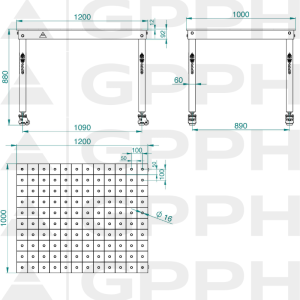 Rysunek techniczny Stół BASIC 1200x1000 mm fi16 100x100 koła