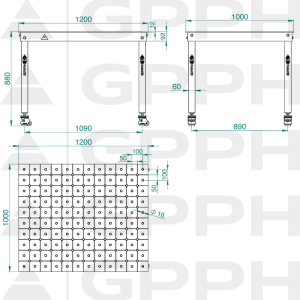 Rysunek techniczny Stół BASIC 1200x1000 mm fi16 diagonalna koła