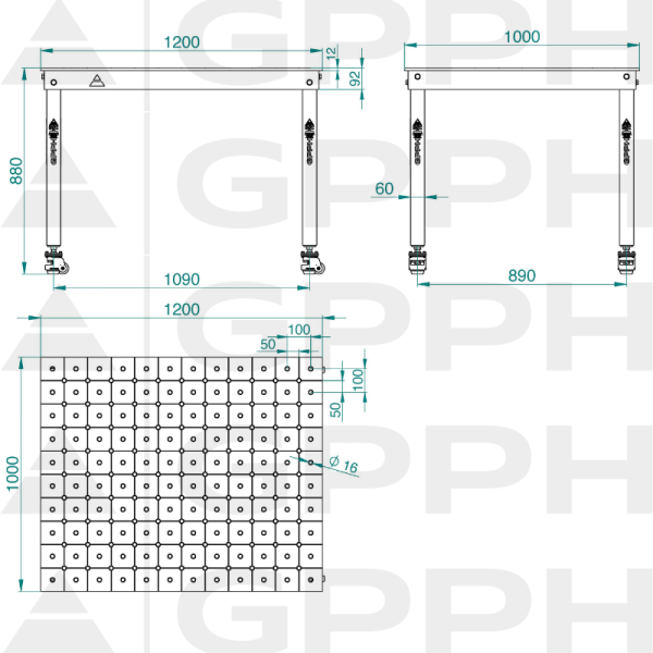 Rysunek techniczny Stół BASIC 1200x1000 mm fi16 diagonalna koła