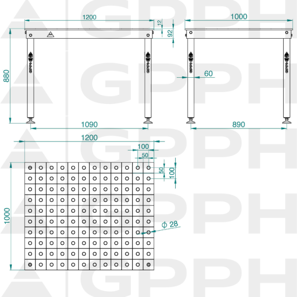 Rysunek techniczny Stół BASIC 1200x1000 mm fi28 100x100 stopy