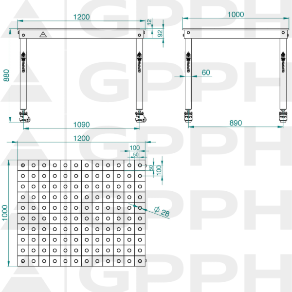 Rysunek techniczny Stół BASIC 1200x1000 mm fi28 100x100 koła